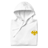 White hoodie with a gold eagle emblem on a white background